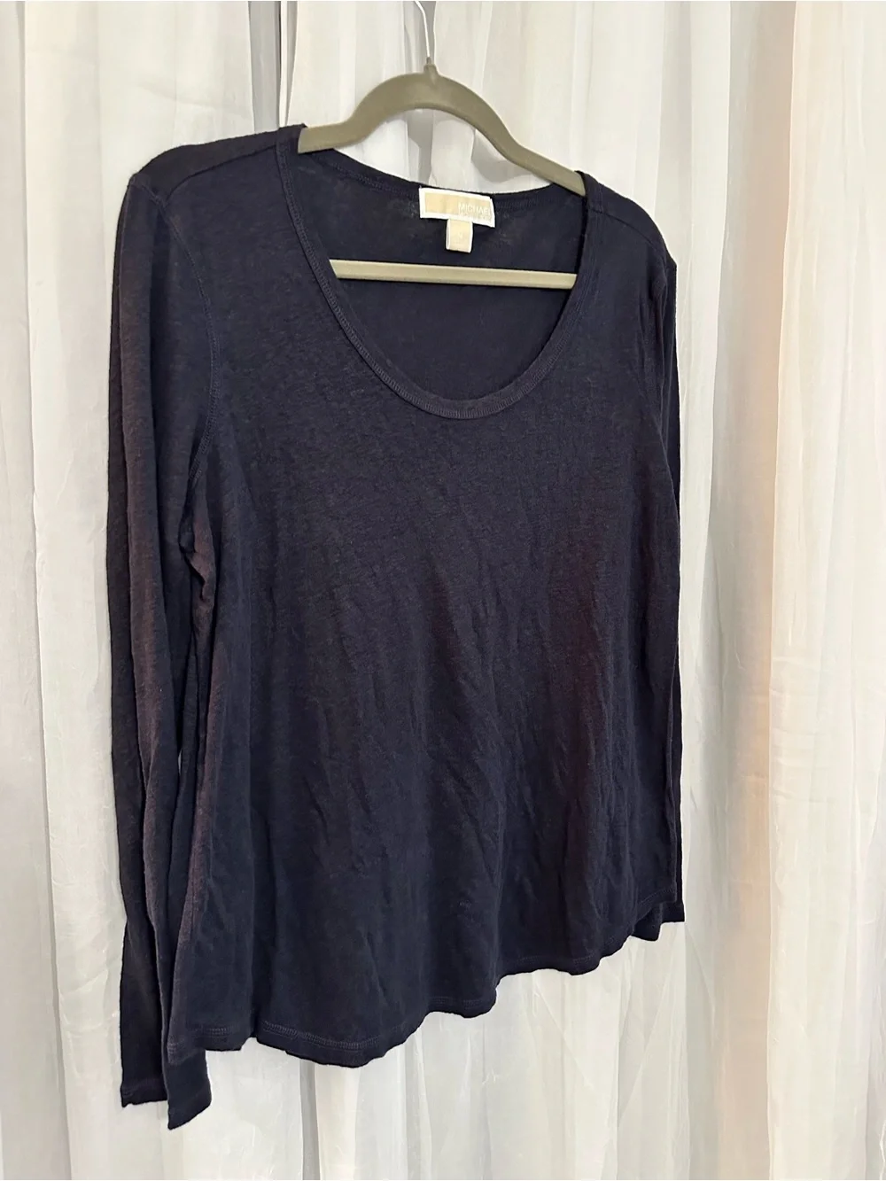 Michael Kors Navy Long-Sleeve Scoop Neck Top with Rounded Bottoms